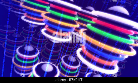 Spannende 3 Abbildung d von bunten disc Gruppen diagonal auf die blauen Linien in den dunkelblauen Hintergrund. Sie schaffen den Geist der Optimi Stockfoto