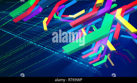 Beeindruckende 3d-Abbildung der Spinnen bunte technische Bars in Kreuz und Quer und Zick-zack-Formen in den dunklen violett unterlegt mit einem hexagonalen Gitter. Stockfoto