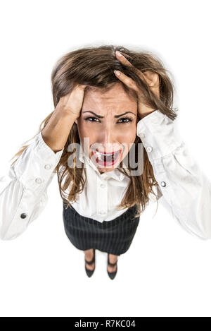 Junge Geschäftsfrau in Problem und betont ihr Haar ziehen. Stockfoto