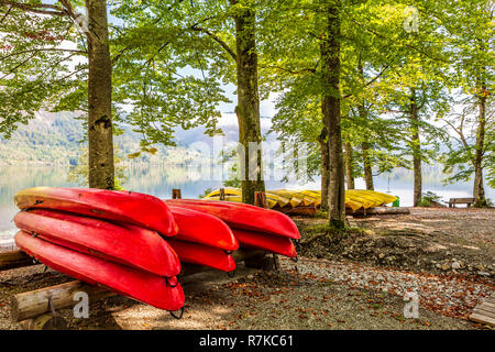 See Bohinj in Slowenien im September. Am Ufer des Sees, gelb und rot Kajaks sind auf Logs gespeichert. Stockfoto