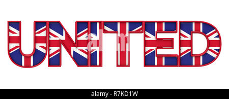 United Wort von Union Jack Flagge Schriftzug. 3D-Rendering Stockfoto