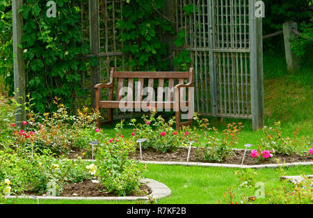 Eine leere Memorial Bank in einem abgeschiedenen Garten im ländlichen Alberta, Kanada. Stockfoto