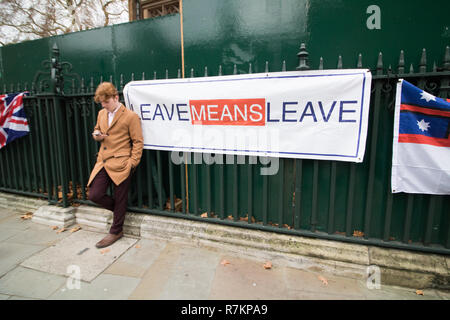 London, Großbritannien. 10. Dezember 2018. Ein Pro verlassen Banner hängt außerhalb des Parlaments an dem Tag, an dem Premierminister Theresa May des Brexit Vereinbarung Abstimmung im Unterhaus Credit schiebt als Märkte für die News und die Britische Pfund fällt auf den niedrigsten gegen den US-Dollar: Amer ghazzal/Alamy Leben Nachrichten reagieren. Stockfoto