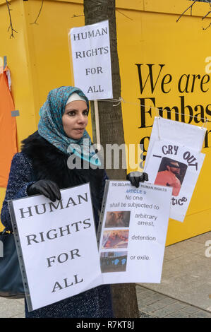 London, Großbritannien. 10. Dezember 2018. Eine Demonstrantin auf der US-Botschaft in der abschließenden's Hütte Guantanamo!" monatliche Protest von 2018 auf den 70. Jahrestag der Allgemeinen Erklärung der Menschenrechte (AEMR). Dies erklärte: "Niemand darf gefoltert oder grausamer, unmenschlicher oder erniedrigender Behandlung oder Strafe' und 'kann nicht willkürlich festgenommen, in Haft gehalten oder des Landes verwiesen werden." Guantánamo hat noch 40 Gefangenen, die gefoltert wurden und in unbefristete Inhaftierung ohne Gerichtsverfahren für fast 17 Jahre gehalten. Credit: Peter Marschall/Alamy leben Nachrichten Stockfoto