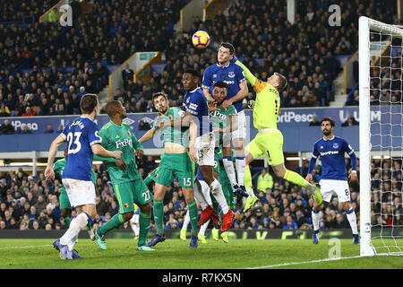 Liverpool, Großbritannien. 10. Dezember 2018. Everton Torwart Jordanien Pickford erhält seine Faust auf den Ball und Schlägen den Ball klar. Premier League match, Everton v Watford im Goodison Park in Liverpool am Montag, den 10. Dezember 2018. Dieses Bild dürfen nur für redaktionelle Zwecke verwendet werden. Nur die redaktionelle Nutzung, eine Lizenz für die gewerbliche Nutzung erforderlich. Keine Verwendung in Wetten, Spiele oder einer einzelnen Verein/Liga/player Publikationen. Credit: Chris Stading/Andrew Orchard sport Fotografie/Alamy leben Nachrichten Stockfoto