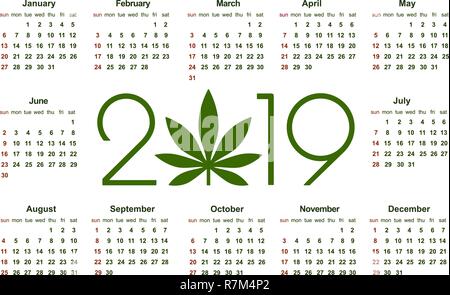 Marihuana Kalender für 2019. Die medizinische Verwendung von Cannabis. Einfachen Vektor Vorlage. Briefpapier Design Vorlage. Isolierte Vector Illustration auf weißem Hintergrund. Stock Vektor