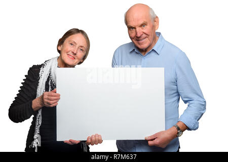 Paar hält Leinwand für Text. Stockfoto