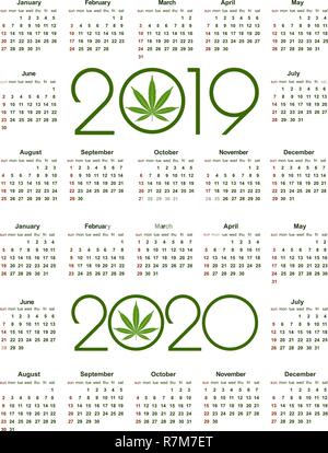 Marihuana Kalender für 2019 und 2020 Jahr. Die medizinische Verwendung von Cannabis. Einfachen Vektor Vorlage. Briefpapier Design Vorlage. Isolierte Vector Illustration auf Weiß Stock Vektor