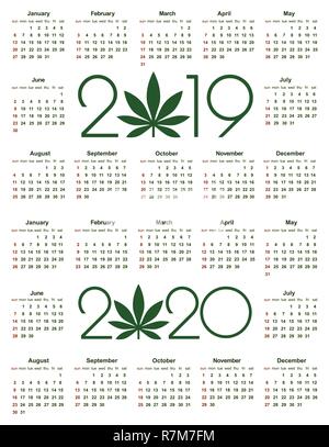 Marihuana Kalender für 2019 und 2020 Jahr. Die medizinische Verwendung von Cannabis. Einfachen Vektor Vorlage. Briefpapier Design Vorlage. Isolierte Vector Illustration auf Weiß Stock Vektor