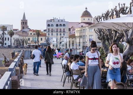 Italien, Sardinien, Sardinien, Alghero, Blick auf die Kuppel der Kirche San Michele und der Glockenturm der Kathedrale Santa Maria Stockfoto