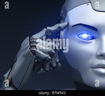 Cyborg hält einen Finger in der Nähe des Kopfes. 3D-Darstellung