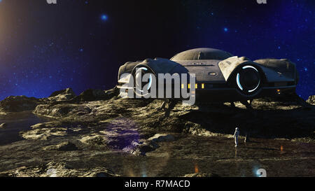 UFO auf dem Mond. 3D-Darstellung Stockfoto
