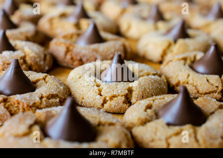 Erdnussbutter blossom Cookies auf ein Schneidbrett, Makro Anzeigen der Zeilen von Cookies Stockfoto