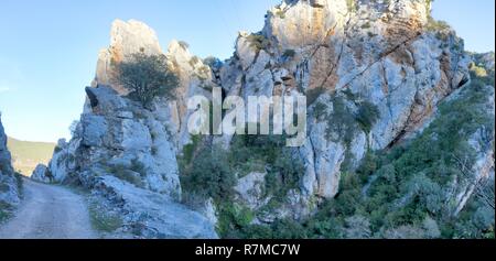 Ein Weg neben einer Böschung in Foz de Escalete Verletzung auf der felsigen Berge von La Peña See, mit Bäumen, die auf Felsen, bei Sonnenuntergang, in Aragon, Spanien Stockfoto