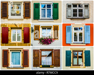 Viele traditionelle Fensterläden Stockfoto