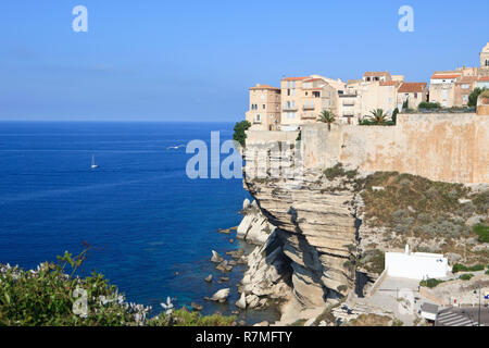 Häuser auf steilen Felsen mit Überstand in Bonifacio, Korsika, Frankreich. Mittelmeer. Stockfoto