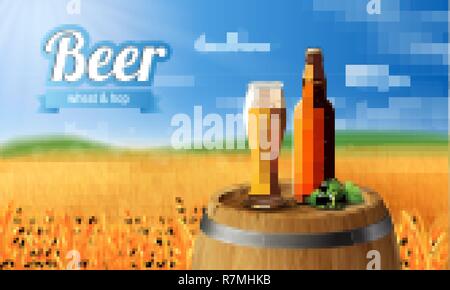 Bier Plakat Vorlage für klassisches weißes Bier ad Package Design. Vektor Glas Schale mit Bier auf Holz Fass 3D-Darstellung Stock Vektor