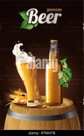 Leichte Pilsener Bier im Glas Tasse und Glas Flasche auf Holz Fass mit Weizen, erfrischenden Drink mit weißer Schaum in 3D-Illustration, Spritzer Bier Vector Illustration Stock Vektor