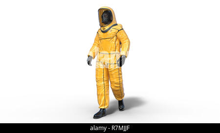 Mann tragen gelbe Schutzkappe hazmat, Mensch mit Gasmaske in biohazard Outfit für Chemische und toxische Schutz gekleidet, 3D-Rendering Stockfoto