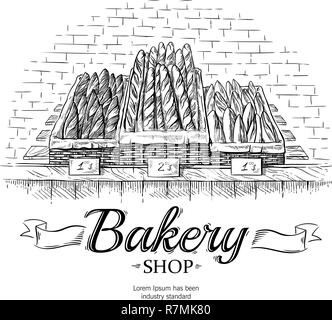 Frisches Baguette in den hölzernen Warenkorb auf Schaufenster Vector Illustration Stock Vektor