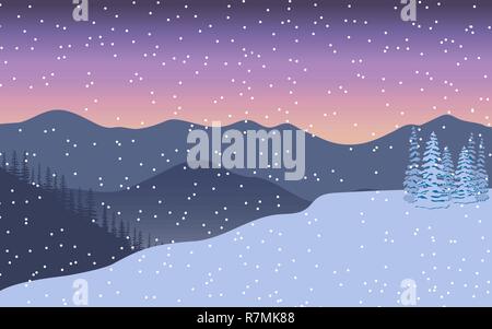 Winterlandschaft. Dämmerung, die Berge in der Ferne, dekoriert mit x-mas Tree, Geschenk, Schneegestöber beleuchtet, Stock Vektor