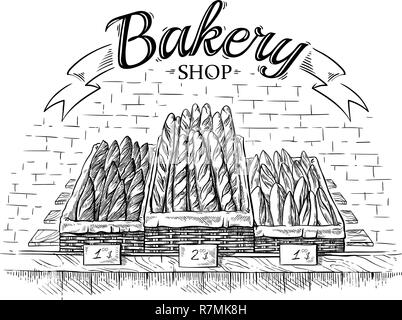 Frisches Baguette in den hölzernen Warenkorb auf Schaufenster Vector Illustration Stock Vektor