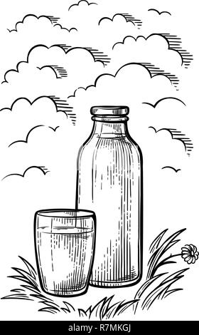 Gesundes Frühstück Zeichnung Skizze Glas Milchflasche cup Vector Illustration Stock Vektor