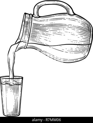 Skizze Wasser oder Milch Spritzen aus Glas Krug. Vector Illustration Stock Vektor