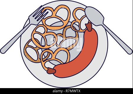 Wurst und Brezel auf Teller mit Besteck Stock Vektor