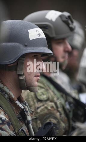 Grafenwöhr, Deutschland - Dime Spirouski, ein Mitglied der mazedonischen Streitkräfte, stellt einen chemischen Demonstration von einem US-Armee Soldat bei der US-Armee Europa Experten Bereich Medizinische Abzeichen Bewertung in Grafenwöhr, Deutschland am 20. März 2017 an. Etwa 215 militärische Mitglieder aus der US-Armee und elf europäische Partner Nationen nahmen an diesem alle zwei Jahre stattfindenden Bewertung in den Hoffnungen des Erzielens der begehrten US-Armee EFMB. Stockfoto