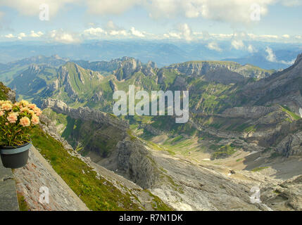 Alpen Panorama Szene mit Blumen im schwarzen Topf in Bludenz Österreich Stockfoto