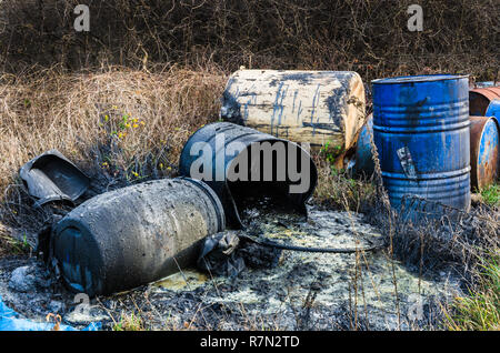 Fässer toxischer Abfälle in der Natur, die Verschmutzung der Umwelt. Stockfoto