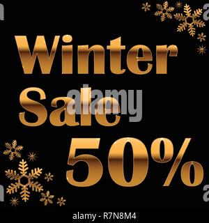 Elegante gold winter Schriftzug Design mit glänzend und hell Schneeflocken auf schwarzem Hintergrund. Stock Vektor