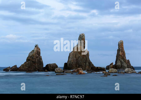 Dawn bei Hashi-gui-iwa Felsen, Küste, Kushimoto, Präfektur Wakayama, Japan. Stockfoto