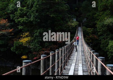 Mutter und Sohn gehen auf eine hölzerne Hängebrücke, hinunter zum Fluss, Wakayama, Japan Stockfoto