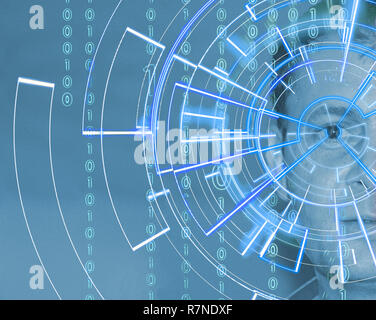 Portrait von stattlicher Mann mit tech Muster auf Auge. Digitale ID Konzept, Auge Anerkennung, biometrische Identifikation Stockfoto