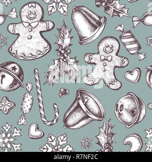 Nahtlose Muster mit farbigen Glocken, Jingles, Lebkuchen, Lebkuchen, Lutscher, Bonbons, Schneeflocken, Holly Stock Vektor