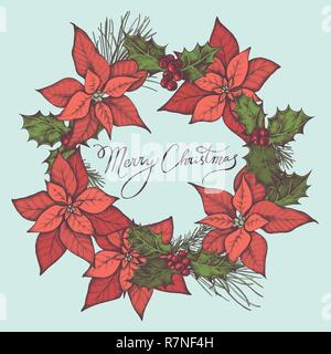 Vektor Zusammensetzung mit farbigen Weihnachtsstern, Holly, Schriftzüge, Kiefer, Fichte Stock Vektor