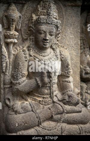 Indonesien, Java, Prambanan, Stein der Gottheit der Skulptur auf einem Tempel Hindu als Weltkulturerbe der UNESCO Stockfoto