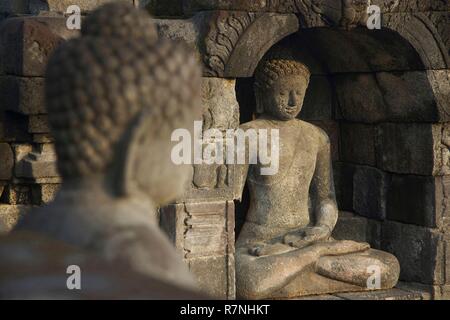 Indonesien, Java, Borobudur, Stein geschnitzte Buddha Statuen auf der größten buddhistischen Tempel der Welt Stockfoto