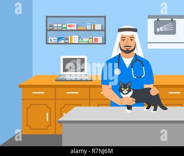Tierarzt Arzt arabischen Mann hält die Katze auf Prüfung Tabelle in der Tierklinik. Vektor Cartoon Illustration. Haustiere Gesundheit Hintergrund. Haustiere Stock Vektor