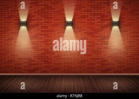 Innenraum von Red Brick Wall Wandleuchte mit Lampen und Holzboden. Vintage Loft Zimmer und Mode. Vector Illustration Stock Vektor