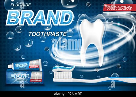 Mint Zahnpasta Konzept, isoliert auf Blau. Zahn Modell Produkt- und Verpackungsdesign für Zahnpasta Plakat oder Werbung. 3D-Vektor Illustration. Stock Vektor