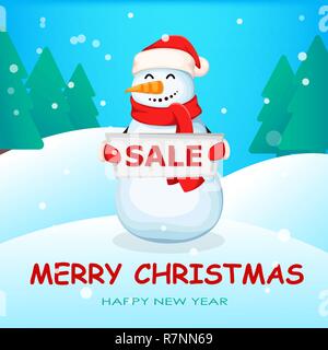 Weihnachten Grußkarte mit niedlichen Schneemann. Lustige cartoon Charakter holding Plakat zum Verkauf. Geeignet für Banner, Poster, Flyer, Einladung. Vektor illu Stock Vektor