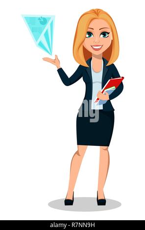 Business Woman in Office style Kleidung. Moderne Dame Geschäftsfrau, die holografische Projektion. Fröhliche cartoon Charakter. Vector Illustration auf w Stock Vektor