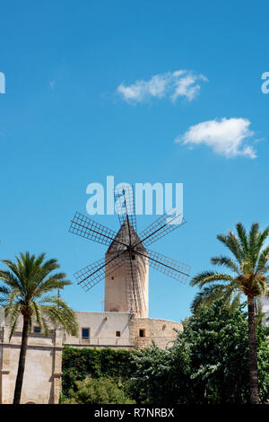 Windmühlen beherrschen die hohe Gelände von El Jonquet über dem Yachthafen in Palma de Mallorca, Balearen, Spanien. Stockfoto