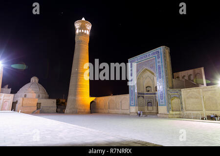 Nachtansicht von POI KALAN - einen islamischen religiösen Komplex rund um das kalan Minarett in Buchara entfernt Stockfoto