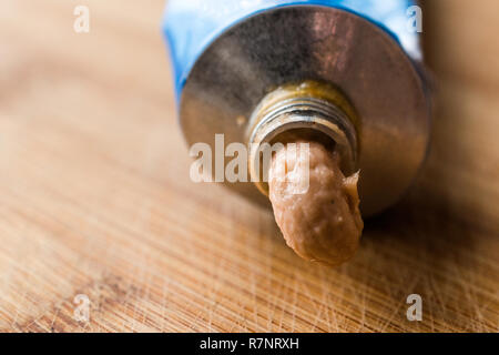 Tube Rahmspinat Thunfisch Creme/Paste Fischpastete. Fisch und Meeresfrüchte. Stockfoto