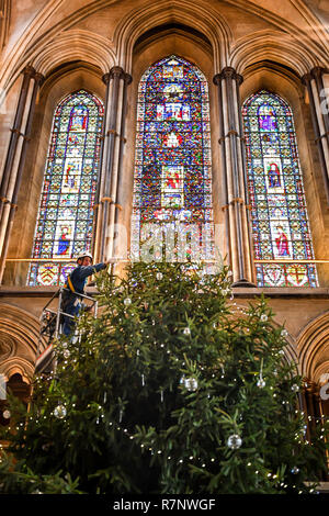 Kirchliche der Kathedrale von Salisbury joiner, Richard Pike schmückt die 34 ft Fichte Weihnachtsbaum, an der Longleat Immobilien gefällt, da die endgültige Garnituren, einschließlich 1000 LED-Leuchten, Glas Kugeln und Eis Tröpfchen, die auf dem Baum, der vor dem Westen Fenster steht platziert sind. Stockfoto