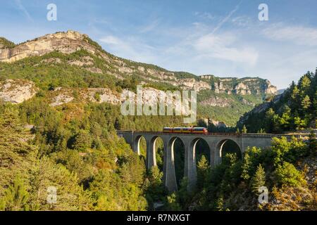 Frankreich, Alpes de Haute Provence, die scaffarels zu Annot, der Train des Pignes kreuzt den Viadukt von Donne über dem Coulon Stockfoto